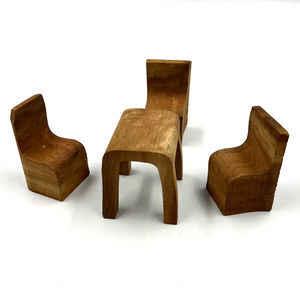 Vintage Set Wooden Hand Made Miniature Doll House Table 3 Chairs Primitive